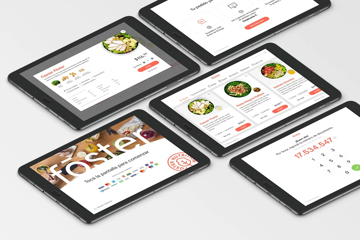 Fōster Nutrition ordering interface displayed across touchscreens