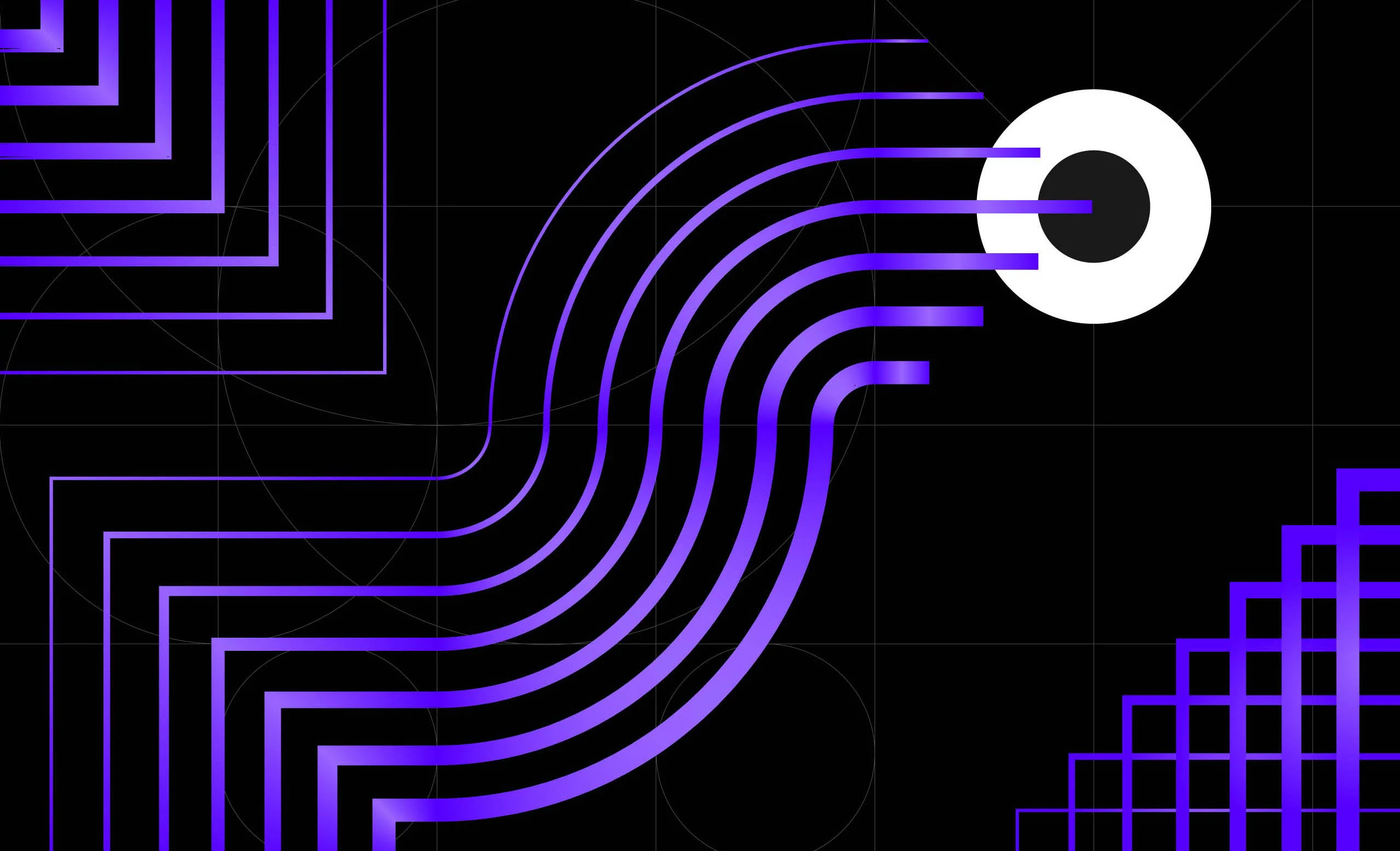 GoCloud brand elements composition with purple geometric patterns