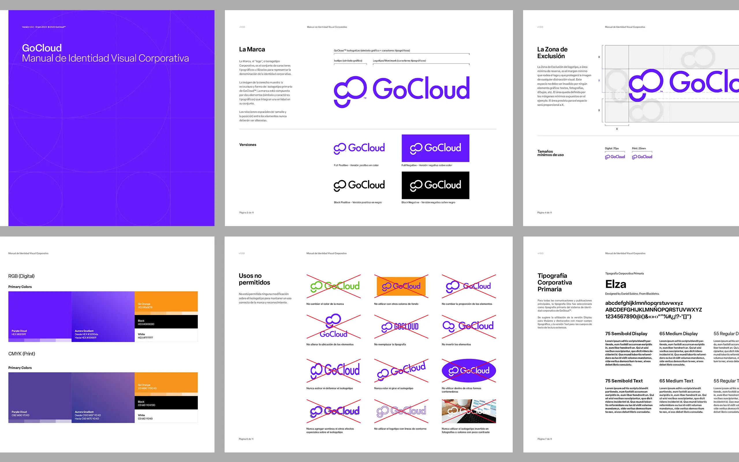 GoCloud brand guidelines showing logo variations, clear space, colors, and typography