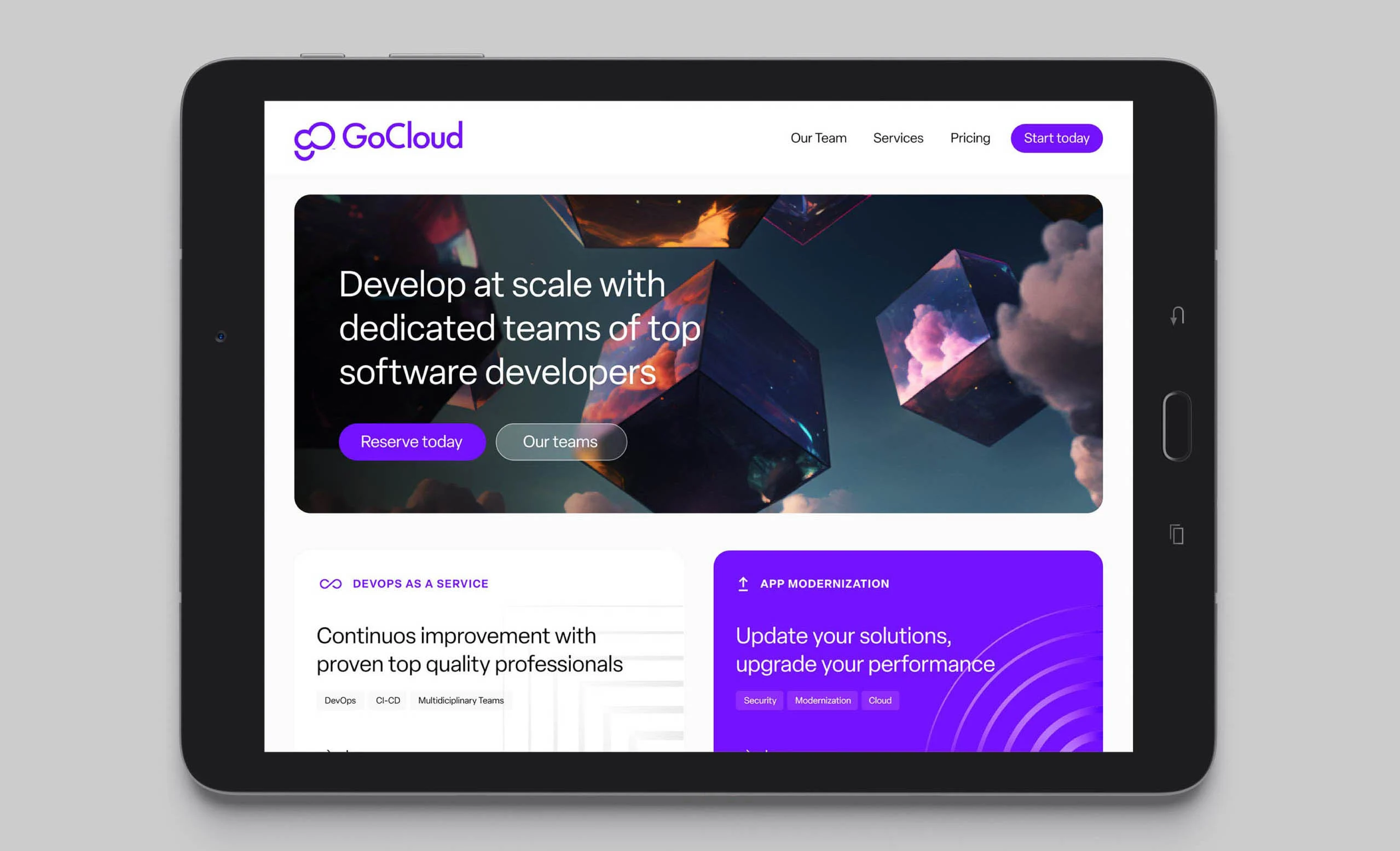 GoCloud website design displayed on a tablet