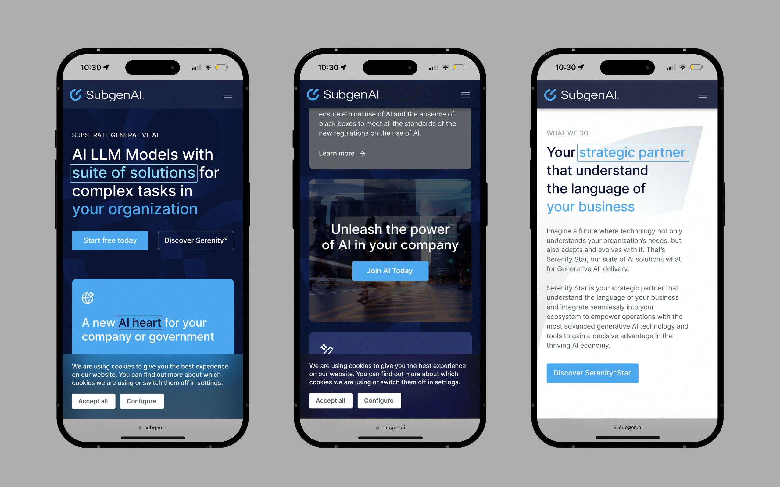 SubgenAI responsive website concept displayed on three phones