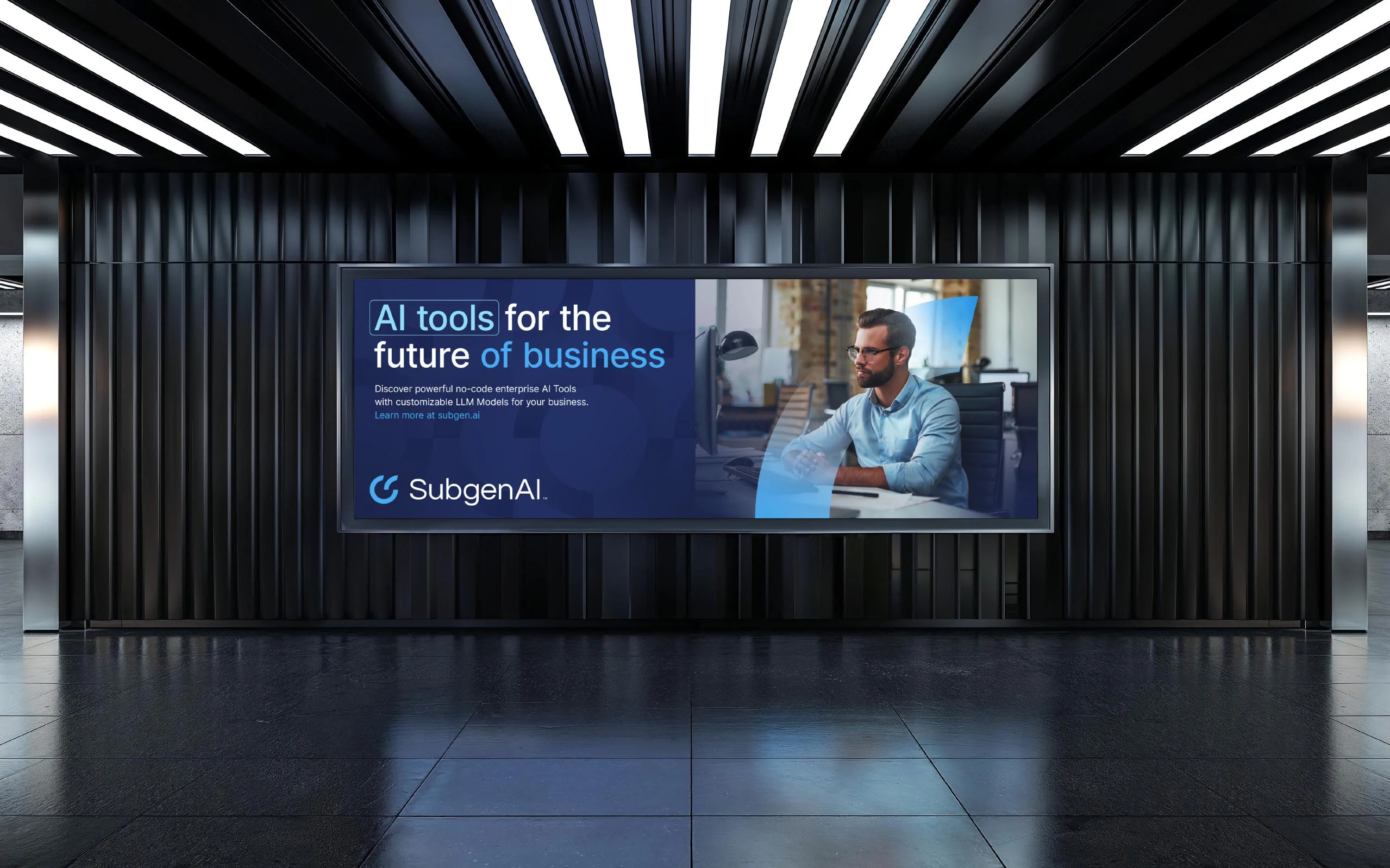 SubgenAI illuminated campaign display in a dark interior