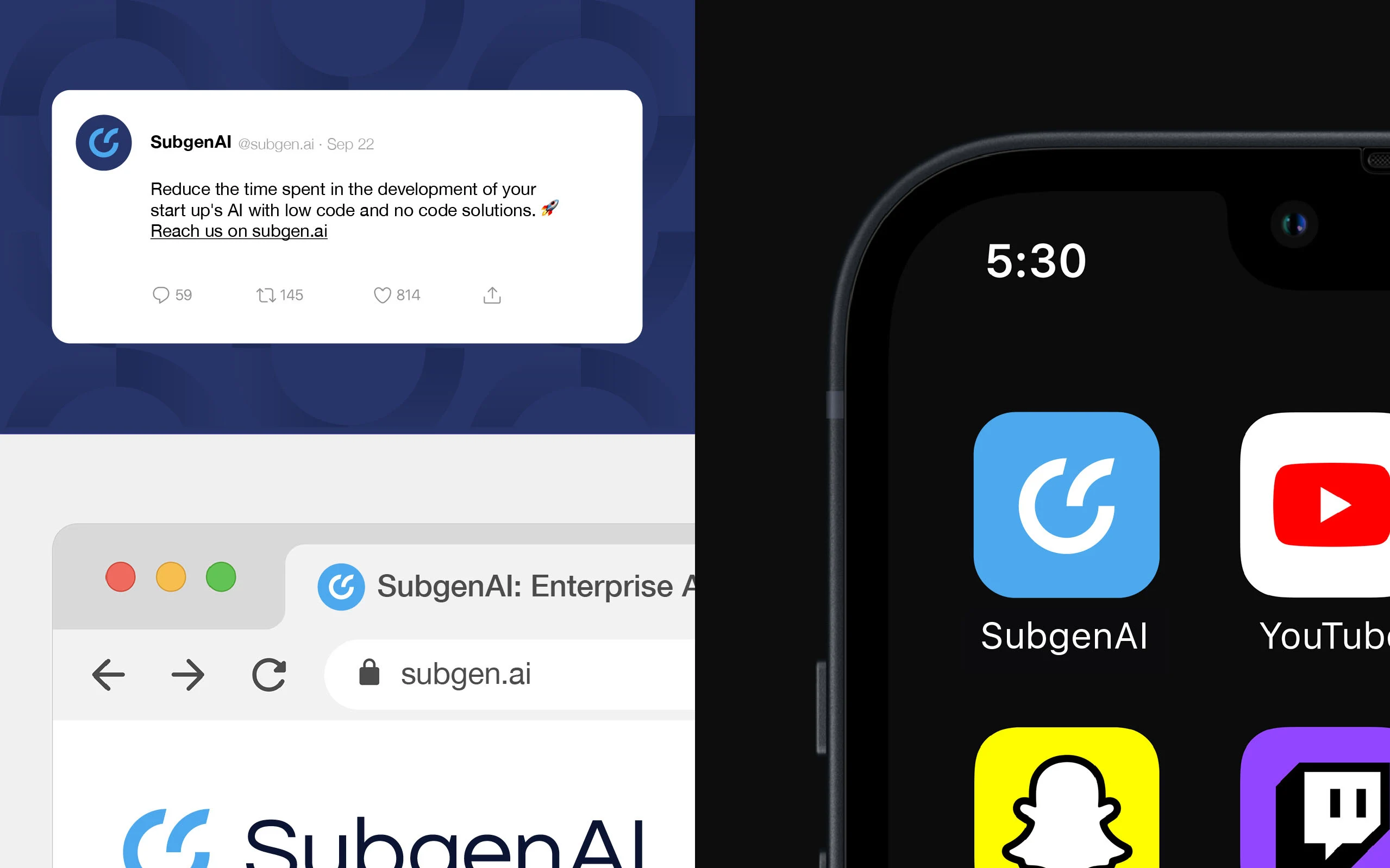 SubgenAI brand applications across a browser interface, testimonial card, and app icon